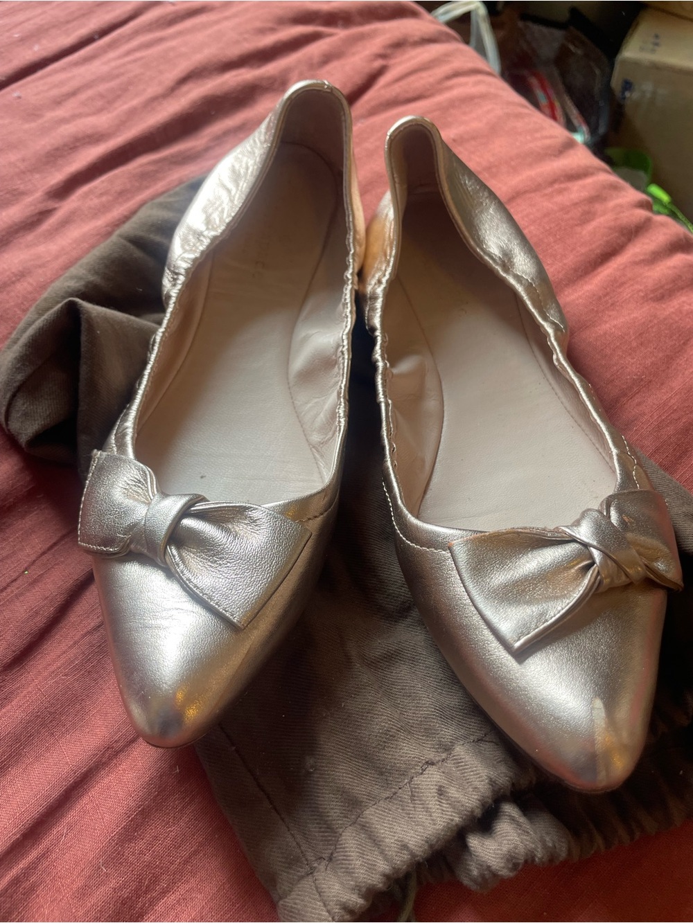 Kate Spade Rose Gold Pointed Bow Ballet Flats